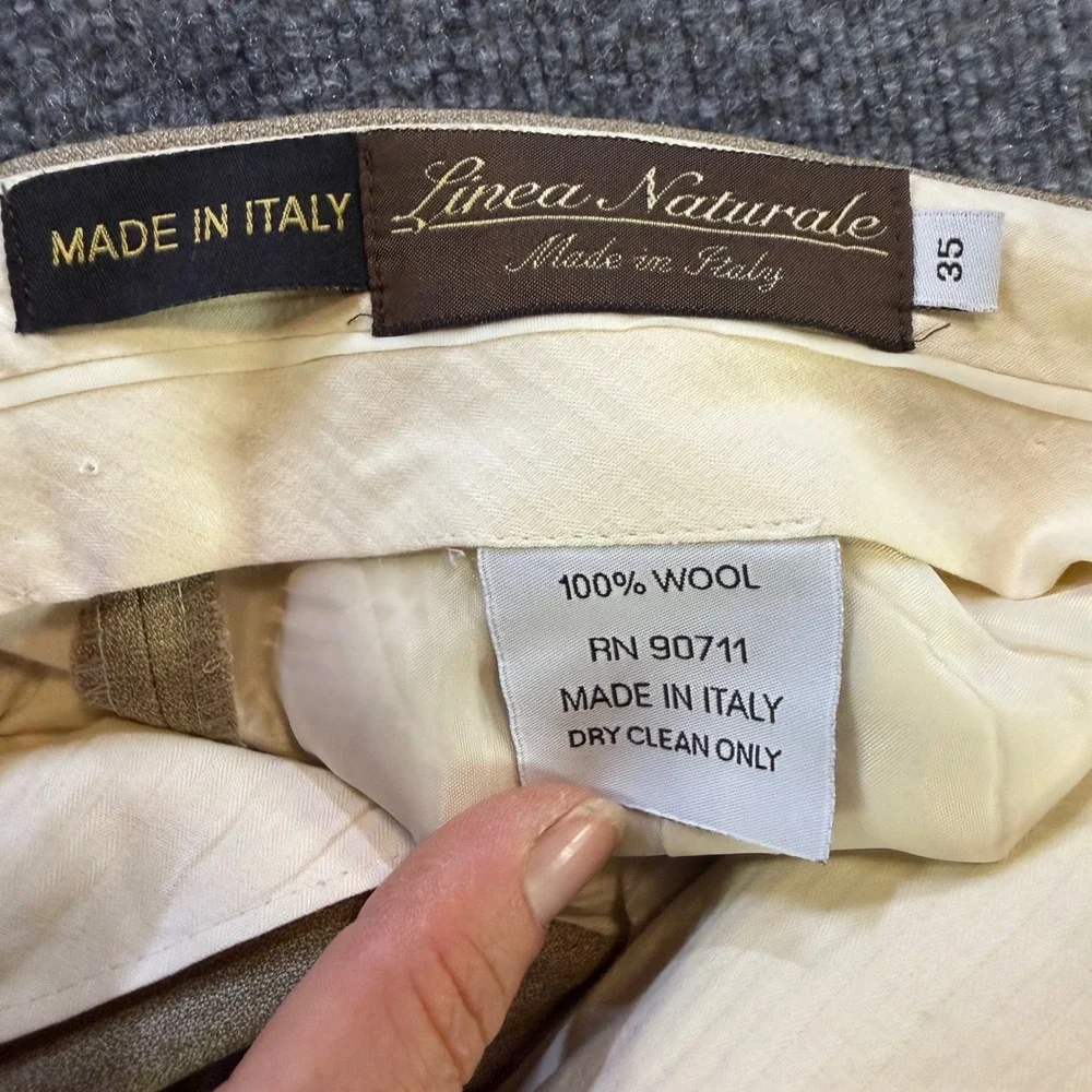 Linea Naturale Mens 35 Tan 100% Wool Pleated Cuffed Dress Pants Made in Italy
